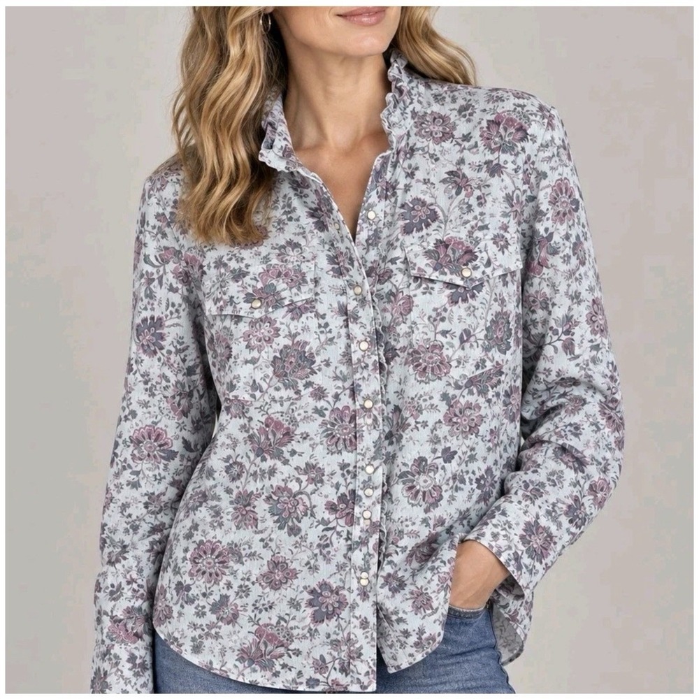 Sundance Ombeline Corduroy Ruffle-Trim Button Down Floral Shirt Size XL
